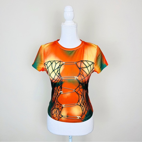 Rugged Trends Orange Fishnet & Safety Pin Grunge Illusion Short Sleeve Tee Top - Picture 3 of 8